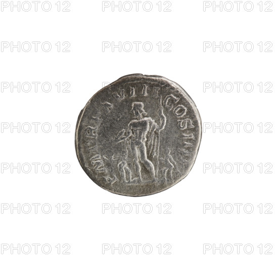 Denarius showing Jupiter with scepter and thunderbolt; obverse: head of Septimius Severus in a laurel wreath facing right, pearl rim, inscription 'SEVERVS PIVSAVG'; reverse: naked Jupiter in a cloak stands frontally with his head turned left, holding a thunderbolt in his right hand and a long scepter in his left, flanked by one small figure with outstretched arms on either side, pearl rim, inscription 'PMTRPXVIII COSIIIPP'; emperor Septimius Severus (146–211), dated 210, Roman Empire (27 BC–476); coin; diameter 17.5–18.5 mm, weight 2.54 g.