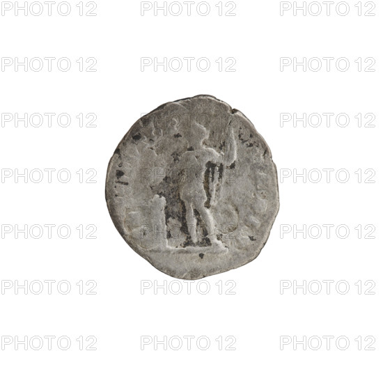 Denarius of Septimius Severus (Roman emperor, 146–211). Obverse: laureate head of Septimius Severus facing right, legend 'SEVERVSAVG' and beaded rim. Reverse: emperor in military dress standing left, holding a patera above a tripod in his raised right hand and a spear in his left, beaded rim. Dating: 200–201. Roman Empire (27 BC–476), Rome. Coin; diameter ~18.0–19.0 mm; weight 2.51 g.