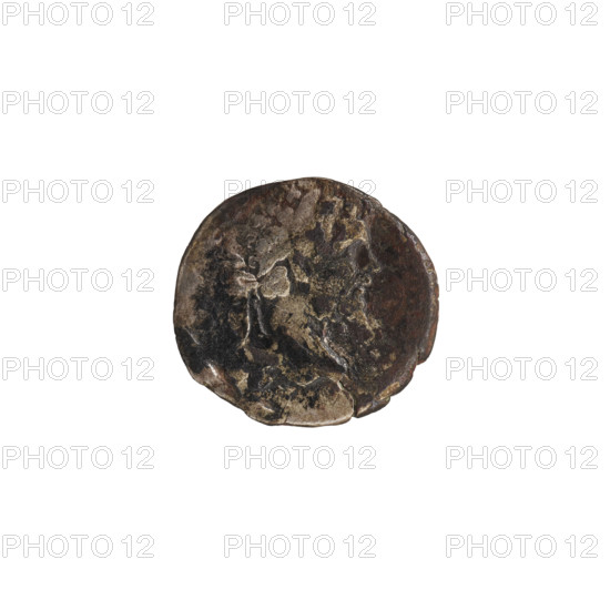 Denarius, Roman deities; Liber (mythology); panthers; Septimius Severus (Roman emperor; 146–211) — iconography, animals, thyrsus. Obv.: inscription erased; head of Septimius Severus with a laurel wreath facing right. Rev.: inscription erased; Liber stands naked, facing forward with head turned left, right hand placing a wreath on his head, holding a thyrsus in his left; on the left a seated panther facing left. Date: 194–198 CE, Roman Empire (27 BC–476). Coin. Diameter 16.0–17.0 mm; weight 2.58 g.