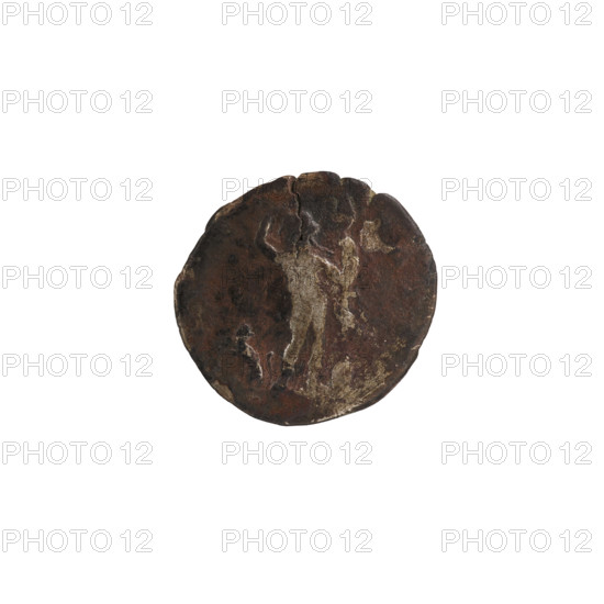 Denarius; Roman deities; Liber (mythology); panthers; Septimius Severus (Roman emperor; 146–211) — iconography; animals; thyrsus. Obverse: inscription erased; head of Septimius Severus with a laurel wreath facing right. Reverse: inscription erased; Liber stands naked straight ahead, head turned left, with his right hand placing a wreath on his head and holding a thyrsus in his left; on the left side a seated panther facing left. Date: 194–198. Culture: Roman Empire (27 BC–476). Place: Rome. Object type: coin. Diameter: 16.0–17.0 mm. Weight: 2.58 g.
