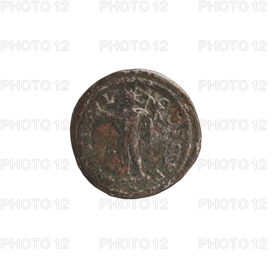 denarius (hybrid, subaerate); Roman deities; Sol (mythology); Septimius Severus (Roman emperor; 146–211) — iconography. Obv.: SEVERVS PIVS AVG. Head of Septimius Severus in laurel wreath facing right, pearl rim. Rev.: PM TR P V C OS II PP? Naked Sol stands upright, head turned left, right hand raised, holding a whip in the left, pearl rim. After 193. Roman Empire (27 BC–476). Coin: diameter 19.0 mm, weight 3.82 g.