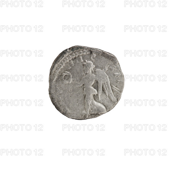 Denarius of Septimius Severus (146–211; Roman emperor 193–211); issuer: Septimius Severus. Obverse: head of Septimius Severus in a laurel wreath facing right, inscriptions (L S, SE, - AV) all around. Reverse: Victoria walking left, holding a wreath in her right hand and a palm in her left, inscriptions (RP - IIII - C, - S II -) all around. Date: 196–197. Place: Rome, Roman Empire. Coin type: silver denarius; diameter 17.0–17.5 mm; weight 3.24 g; axis 0°.