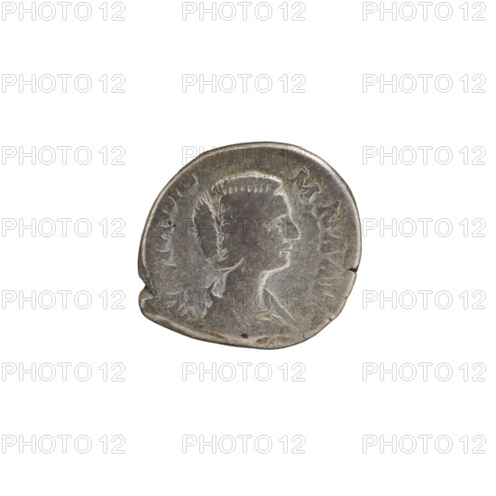 Denarius of Julia Domna (ca. 160–217; Roman empress 193–211). Obverse: IVLIA DOMNA AVG — bust of Julia Domna facing right. Reverse: VICTR — Venus, bare below the waist, stands with her back turned to the right, holding an apple in her right hand and a palm leaf in her left, leaning against a column; pearl rim. ca. 193–196, Roman Empire (27 BC–476). Coin; diam. 16.6–17.8 mm; weight 3.08 g.