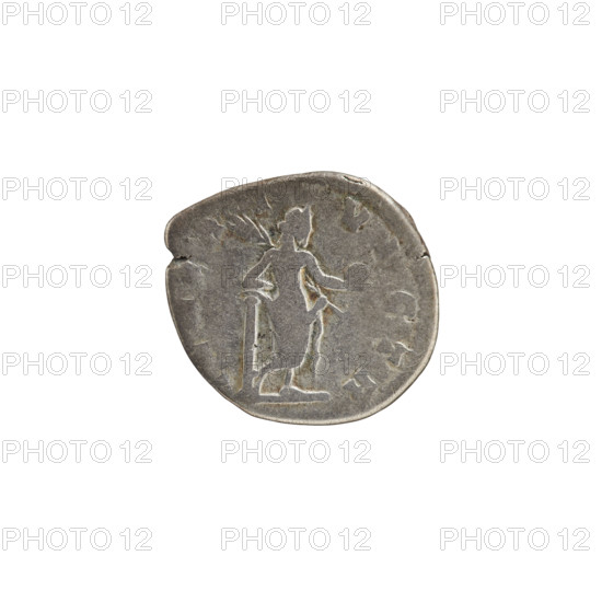 Denarius, Julia Domna (ca. 160–217; Roman empress 193–211). Obverse: IVLIADOMNAAVG — bust of Julia Domna facing right. Reverse: VICTR (or RI VICTR) — Venus, bare below the waist, standing with her back turned to the right, holding an apple in her right hand and a palm leaf in her left, leaning against a column; pearl rim. Date: ca. 193–196. Roman Empire (27 BC–476). Rome. Coin. Diameter: 16.6–17.8 mm. Weight: 3.08 g.