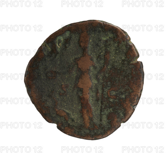 Sestertius of Julia Domna (ca. 160–217; Roman empress 193–211). Obverse: bust of Julia Domna facing right; inscription GVST. Reverse: inscription erased; Juno veiled, standing with head turned left, holding a patera in her raised right hand and a scepter in her left; at her feet a peacock facing left; letters SC on sides. Date: 196–209, Roman Empire (27 BC–476). Coin: bronze; diameter 27.5–28.0 mm; weight 18.03 g.