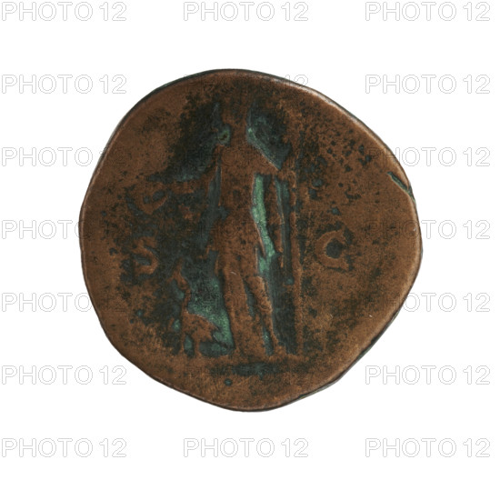 Sestertius of Julia Domna (ca. 160–217; Roman empress 193–211). Obverse: bust of Julia Domna facing right. Reverse: Juno, veiled, stands straight with her head turned left, holding a patera in her raised right hand and a scepter in her left; a peacock stands at her feet facing left; letters SC on sides. Date: 196–209. Roman Empire (27 BC–476). Rome. Coin. Diameter 26.9–27.0 mm. Weight 16.84 g.