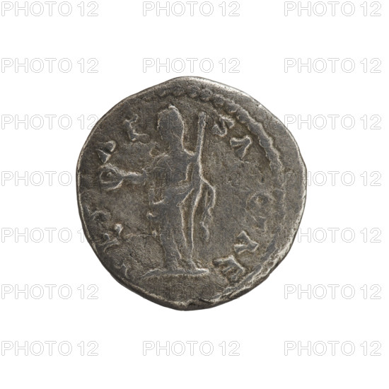 Denarius, Julia Domna (ca. 160–217; Roman empress 193–211). Obverse: IVLIA AVGVSTA — bust of Julia Domna facing right. Reverse: VESTAE SANCTAE — Vesta in a veil and long robe stands facing left, holding a patera in her outstretched right hand and a long scepter in her left. Pearl rim. Date: 198–209. Roman Empire (27 BC–476). Rome. Coin. Diameter 17.3–17.5 mm. Weight 3.19 g.