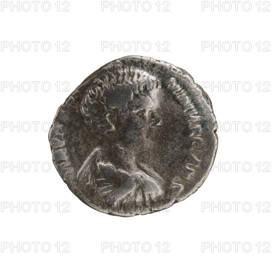 Denarius of Caracalla (188–217; Roman emperor 198–217), (Caesar). Obverse: MAVRA NINVS CAES — Bust of young Caracalla in paludamentum facing right, pearl rim. Reverse: SECVRITAS PERPETVA — Minerva wearing a helmet and long robe, with an aegis on her breast, standing upright, head turned left, resting her right hand on an oval shield on the ground and holding a spear in her left, pearl rim. Date: 196–197. Roman Empire (27 BC–476), Rome. Coin: diameter 17.4–18.2 mm; weight 3.13 g.