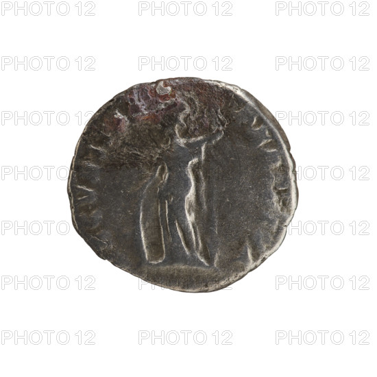 Denarius, Caracalla (188–217; Roman emperor 198–217), (Caesar). Obverse: MAVRA NINVSCAES — Bust of young Caracalla in paludamentum facing right, pearl rim. Reverse: SECVRITAS PERPETVA — Minerva wearing a helmet and long robe, with an aegis on her breast, standing straight, head turned left, resting her right hand on an oval shield on the ground, holding a spear in her left, pearl rim. Date: 196–197. Roman Empire (27 BC–476). Rome. Coin. Diameter: 17.4–18.2 mm. Weight: 3.13 g.
