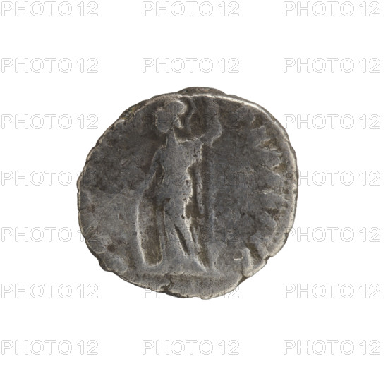 Denarius, Caracalla (188–217; Roman emperor 198–217), (Caesar). Obverse: MAVRAN, CAES — Bust of young Caracalla in paludamentum facing right. Reverse: SECVRITAS PERPETVA — Minerva in helmet and long robe, with an aegis on her breast, stands upright, head turned left, right hand resting on an oval shield on the ground, holding a spear in her left. Date: 196–197? Roman Empire (27 BC–476). Coin: diameter 16.0–17.5 mm, weight 2.98 g.