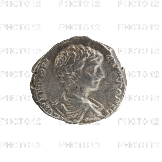 Denarius of Caracalla (188–217; Roman emperor 198–217), as Caesar. Obverse: bust of young Caracalla in paludamentum facing right with inscription AVRANTON CAESPONTIF. Reverse: Felicitas standing facing left, holding a caduceus in her outstretched right hand and a child in her left, inscription IMP ERII FELICITAS. Pearl rim. Dated 196–198. Roman Empire (27 BC–476), Rome. Coin diameter 16.2–17.7 mm; weight 2.72 g.