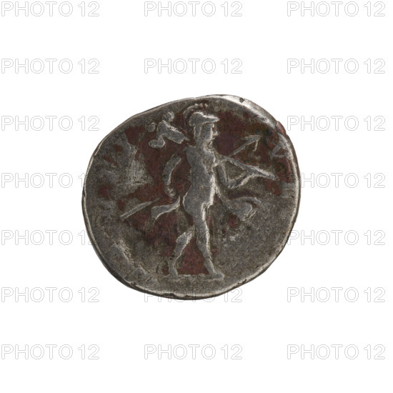Denarius, Caracalla (188–217; Roman emperor 198–217), (Caesar). Obverse: NTON CAESP PONTIF — Bust of young Caracalla in paludamentum facing right, pearl rim. Reverse: MARTI VLTORI — Mars naked except for a girdle, striding right, holding a spear diagonally in his right hand, in his left a trophy resting on his shoulder. Date: 196–198. Roman Empire (27 BC–476), Rome. Coin; diameter 16.7 mm and 15.2 mm, weight 2.63 g.