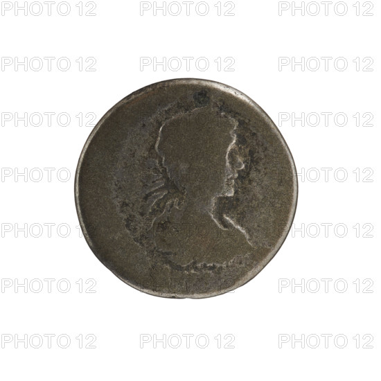 Denarius of Caracalla (reigned 198–217). Obverse: IMPCM, bust of young Caracalla with laurel wreath and paludamentum facing right. Reverse: inscription erased; Securitas seated facing left, holding a globe in his outstretched right hand and resting his left elbow on the back of the throne. Roman Empire (27 BC–476). Rome. Coin; diameter 17.4–17.5 mm, weight 2.86 g.