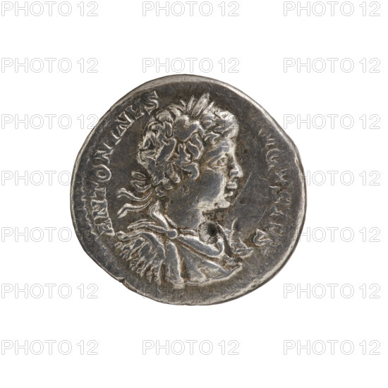 Denarius, Caracalla (188–217; Roman emperor 198–217). Obverse: ANTONINVS AVGVSTVS — Head of a young Caracalla facing right wearing a laurel wreath, armor and paludamentum; pearl rim. Reverse: PONT TR P II — Securitas seated facing right, supporting her head with her right hand, holding a sceptre in her left; at her feet a burning altar decorated with a garland; pearl rim. Roman Empire (27 BC–476). Coin. Diameter: 17.8–18.2 mm. Weight: 3.07 g.