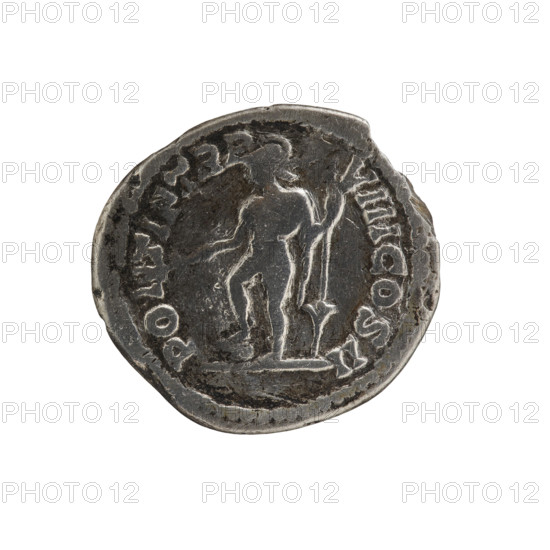 Denarius, Caracalla (188–217 CE; Roman emperor 198–217). Obverse: ANTONINVS PIVS AVG — Bust of Caracalla right with laurel wreath and paludamentum; pearl rim. Reverse: PONTIF TRP VII COS II — Naked Mars standing left, right leg resting on helmet, holding a branch in right hand, left leg resting on spear; pearl rim. Date: 205 CE. Roman Empire (27 BCE–476 CE), Rome. Coin. Diameter: 17.6–19.0 mm. Weight: 2.29 g.