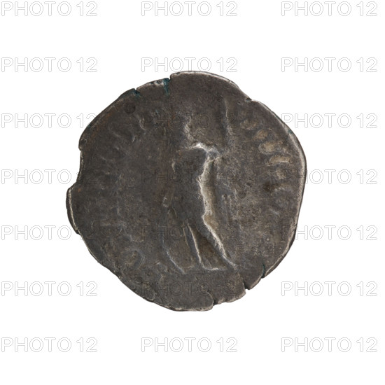 Denarius of Caracalla (188–217; Roman emperor 198–217). Obverse: ANTONINVS PIVS AVG — Bust of Caracalla facing right with a laurel wreath and paludamentum; pearl rim. Reverse: PONTIF TR P VII COS II — Mars wearing a helmet, military dress and a cloak on his shoulders, standing upright with head turned left, resting his right hand on an oval shield standing on the ground and holding a spear in his left; pearl rim. Date: 205. Roman Empire (27 BC–476). Rome. Coin. Diameter 18.5–18.7 mm; weight 1.88 g.