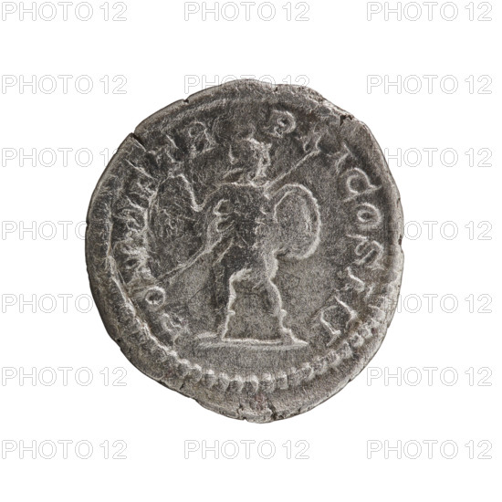 Denarius, Caracalla (188–217; Roman emperor 198–217). Obverse: ANTONINVS PIVS AVG — head of Caracalla with laurel wreath facing right; pearl rim. Reverse: PONTIF TR P X COS III — Mars in military dress and helmet standing facing right, holding an oval shield in his left hand and a spear diagonally in his right hand; pearl rim. Date: 208. Roman Empire (27 BC–476). Coin. Diameter: 19.2–20.3 mm. Weight: 2.35 g.