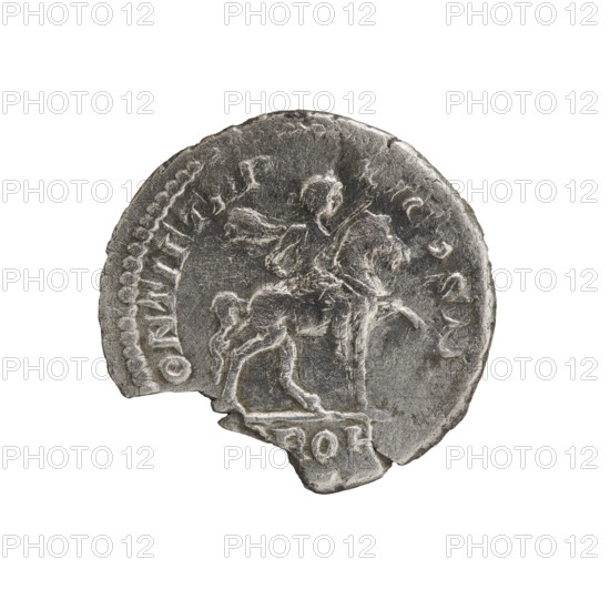 Denarius (broken), Caracalla (188–217; Roman emperor 198–217). Caracalla on horseback (iconography). Obverse: ANTONIN.. PIVS AVG — Head of Caracalla with laurel wreath facing right, pearl rim. Reverse: ..ONTIFTRP XICOSII; Caracalla on horseback facing right, holding a spear in his right hand, pearl rim. Date: 208. Roman Empire (27 BC–476). Rome. Coin. Diameter 18.3–19.2 mm; weight 2.46 g.
