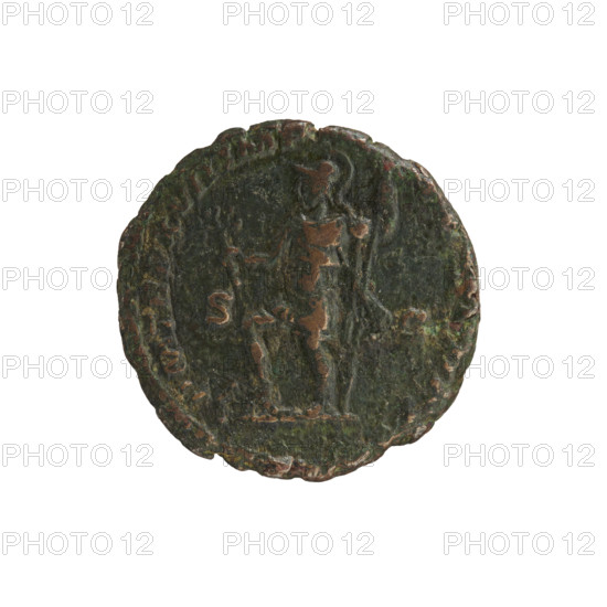 Caracalla (188–217; Roman emperor 198–217). Mars standing with a branch and a spear. Obverse: ANTONINVS PIVS AVG GERM — Head of Caracalla with a laurel wreath right, pearl rim. Reverse: PMTR P XVII SIIIPP — Mars, wearing a helmet and military dress, stands turned left, his right leg supported by a helmet, holding a branch in his right hand and a spear in his left; SC on both sides, pearl rim. Dated 214. Roman Empire (27 BC–476). Rome. Coin; diameter 23.8–24.3 mm, weight 8.54 g.