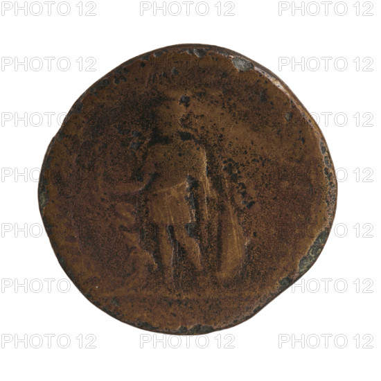 Sestertius of Caracalla (188–217; Roman emperor 198–217). Obverse: Inscription MAVRELANTONINVS PIVSAVGGERM. Bust of Caracalla in laurel wreath, armour and paludamentum facing right. Reverse: Inscription PMTRPXV. Mars in helmet and military dress stands upright, head turned left; in his right hand he holds Victoria, in his left hand, resting on a round shield, a spear; to the left a prisoner sits on the ground facing left; on the sides SC. Roman Empire, Rome. Coin; diameter ~30.5–31.3 mm, weight 20.95 g.