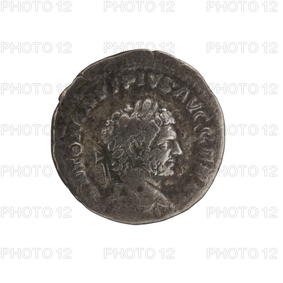 Denarius of Caracalla (188–217; Roman emperor 198–217). Obverse: ANTONINVS PIVS AVG GERM — Head of Caracalla with laurel wreath facing right; pearl border. Reverse: PM TR P X VII I COS IIII P P — Aesculapius, naked to the waist, stands upright, head to left; right hand holds a staff with a coiled snake, a fold of his robe thrown over his left hand; at his feet on the right a sphere; pearl border. 215 CE, Rome, Roman Empire (27 BC–476). Coin; diameter 18.4 mm, weight 2.99 g.