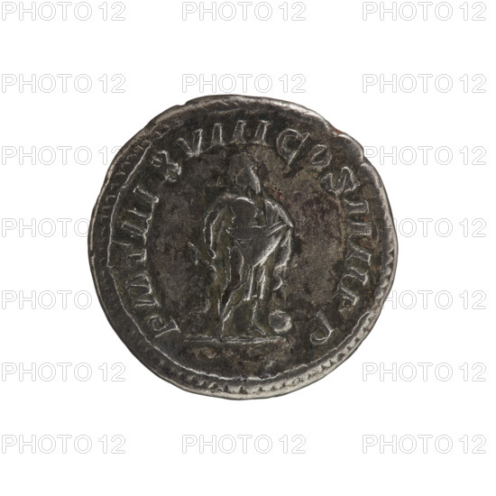 Denarius, Caracalla (188–217; Roman emperor 198–217). Obverse: ANTONINVS PIVS AVG GERM — Head of Caracalla with laurel wreath facing right, pearl border. Reverse: PM TRP XV II COS IIII P P — Aesculapius, naked to the waist, stands straight, head left, holding a staff entwined with a snake in his right hand; a fold of his robe is thrown over his left hand; at his feet on the right a sphere, pearl border. 215 CE, Rome, Roman Empire (27 BC–476). Coin: diameter 18.4 mm, weight 2.99 g.