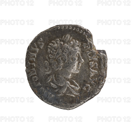 Denarius (subaerate), Caracalla (188–217; Roman emperor 198–217), (Caesar). Obverse: ANTONINVS PIVS — Bust of young Caracalla with laurel wreath and paludamentum facing right, pearl rim. Reverse: PIETAS AVGG — Pietas with a veil on his head stands upright, head turned left, in his right hand she holds a patera above a burning altar, pearl rim. Roman Empire (27 BC–476). Coin: diameter 18.4–19.1 mm, weight 2.83 g.