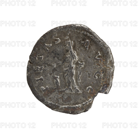 Denarius (subaerate), Caracalla (188–217; Roman emperor 198–217), (Caesar). Obverse: ANTONINVS PIVS — Bust of young Caracalla with laurel wreath and paludamentum facing right, pearl rim. Reverse: PIETAS AVGG — Pietas with a veil on her head stands upright, head turned left, in her right hand she holds a patera above a burning altar, pearl rim. Roman Empire (27 BC–476). Coin: diameter 18.4–19.1 mm, weight 2.83 g.
