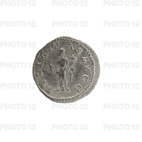 Denarius, Geta (189–212; Roman emperor 209–212) (Caesar). Obverse: Draped bust of Geta right. Inscription: PSEPTGETA CAESPONT. Reverse: Felicitas standing straight, holding a caduceus in the right hand and a cornucopia in the left. Inscription: FELICIT ASAVGG. Iconography: Felicitas with caduceus and cornucopia. Date: 200–202. Roman Empire (27 BC–476), Rome. Coin: diameter 19.0 mm, weight 3.13 g.