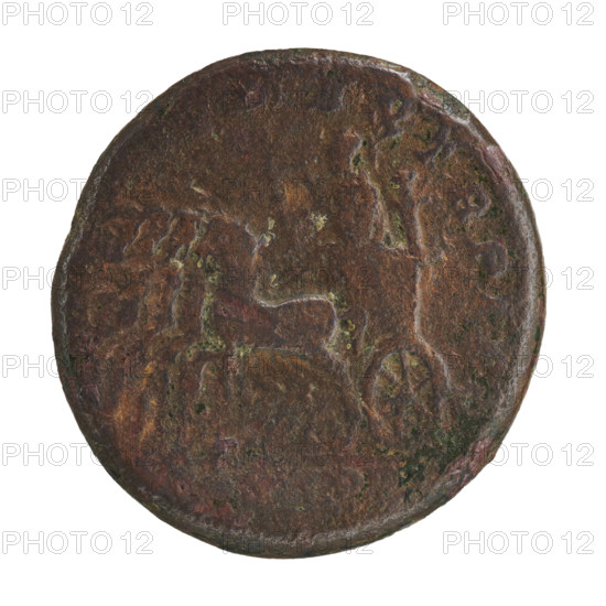 Obv.: inscription erased. Head of Macrinus in a laurel wreath facing right, pearl border. Rev.: MAXTRPII; Makrinus in a toga stands on a quadriga facing left, holding a branch in his right hand and a scepter in his left; behind him Victoria crowns him with laurel; on the sides SC. Roman Empire (27 BC–476). Rome. Coin. Diameter 23.0–24.5 mm. Weight 11.02 g.