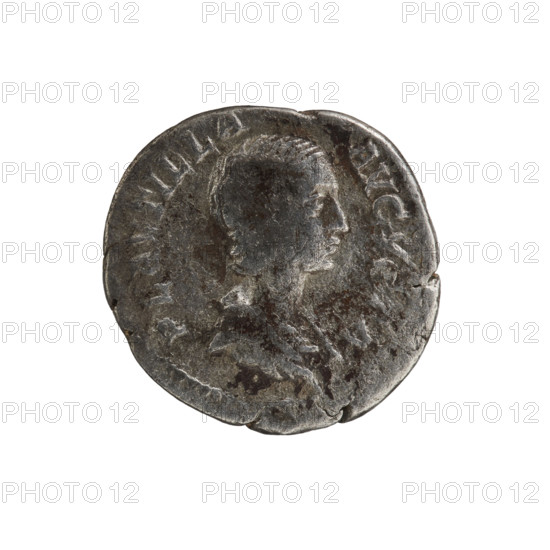Denarius, Plautilla (ca. 185–212; Roman empress 202–205). Obv.: PLAVTILLA AVGVSTA. Draped bust of Plautilla facing right, hair smooth and tied in a small bun at the nape of the neck, pearl rim. Rev.: VENVS, IX. Venus, stripped to the waist, stands straight, head turned left, holding an apple in her right hand and a palm in her left; the elbow of her left hand rests on a shield; at her feet Cupid facing left, pearl rim. Date: 202–205 CE, Rome, Roman Empire (27 BCE–476 CE). Coin. Diameter (obverse) 17.9 mm; diameter (reverse) 18.3 mm; weight 2.73 g.