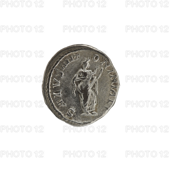 Denarius, Salus standing in front of an altar feeding a snake (iconographic). Obverse: IMP CAES ANTONINVS AVG — Bust of Elagabalus in a laurel wreath and drapery facing right, pearl rim. Reverse: SALVS ANT ONINI AVG — Salus standing straight with head turned left, in her right hand she holds a snake which she feeds with a cake held in her left hand, pearl rim. 219, Roman Empire (27 BC–476), Rome. Coin: diameter 18.0 mm, weight 2.80 g.