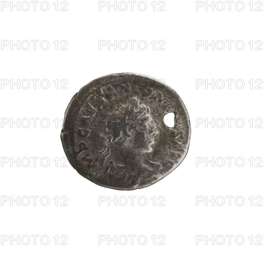 Denarius (with hole), Elagabalus (204–222; Roman emperor 218–222). Obverse: IMP CAES ANTOINVS AVG — Bust of Elagabalus right with laurel wreath and paludamentum; pearl rim. Reverse: MARS VICTOR — Naked Mars in helmet striding right, holding a spear diagonally in his right hand, a trophy resting on his left shoulder; pearl rim. Date: 219. Culture: Roman Empire (27 BC–476). Place: Rome. Medium: coin. Dimensions: diam. 17.7 mm, diam. 19.5 mm; weight 2.76 g.