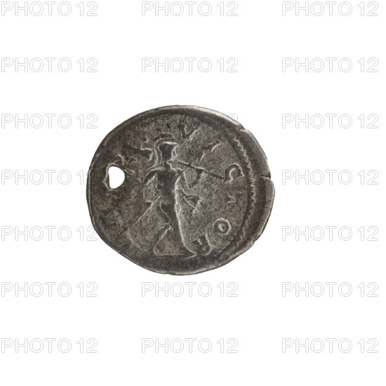 Denarius (with hole), Elagabalus (reigned 204–222; Roman emperor 218–222). Obverse: IMP CAES ANTOINVS AVG — Bust of Elagabalus right with laurel wreath and paludamentum; pearl rim. Reverse: MARS VICTOR — Naked Mars in helmet striding right, holding a spear diagonally in his right hand, a trophy resting on his shoulder in his left hand; pearl rim. Date: 219. Culture: Roman Empire (27 BC–476). Place: Rome. Medium: coin. Dimensions: dia. 17.7 mm, dia. 19.5 mm; weight 2.76 g.