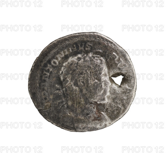 Denarius (with hole), Elagabalus (204–222; Roman emperor 218–222). Obverse: IMP ANTONINVS PIV AVG — Bust of Elagabalus with laurel wreath and paludamentum facing right; beaded border. Reverse: TRP IIII COS II P P — Elagabalus in a long robe stands facing left, holding a patera above an altar in his right hand and a mace in his left; star in left field; beaded border. Date: 221. Roman Empire (27 BC–476). Rome. Coin. Diameter: 17.8–19.4 mm. Weight: 2.67 g.