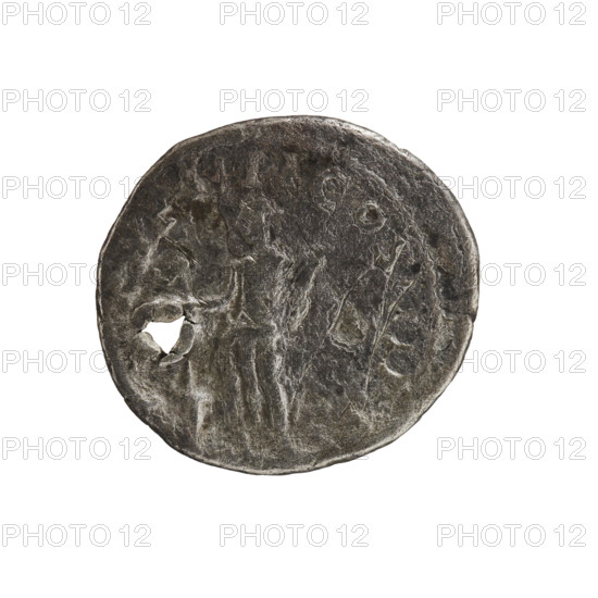 Denarius (with hole), Elagabalus (204–222; Roman emperor 218–222). Obverse: IMP ANTONINVS PIV, AVG — Bust of Elagabalus with laurel wreath and paludamentum facing right, pearl rim. Reverse: TRP IIII COS II P P — Elagabalus in a long robe standing facing left; in his right hand he holds a patera above an altar, in his left hand a mace; in the left field a star at the top, pearl rim. Date: 221. Roman Empire (27 BC–476). Rome. Coin. Diameter 17.8–19.4 mm; weight 2.67 g.