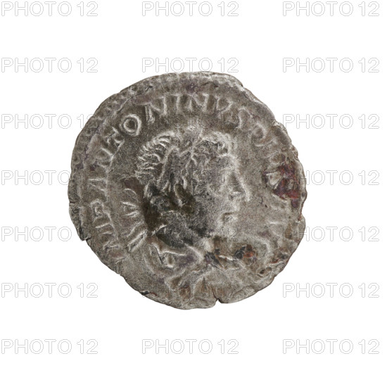 Denarius, Elagabalus (reigned 218–222). Obverse: IMP ANTONINVS PIVS AVG — Bust of Elagabalus with laurel wreath and paludamentum facing right; pearl rim. Reverse: PM TR P IIII COS II P P — Providentia standing, head turned left, holding a staff above a sphere at her feet in her right hand and a cornucopia in her left; pearl rim. Date: 221. Roman Empire (27 BC–476). Coin (dia. 18.2–18.5 mm; weight 1.95 g).