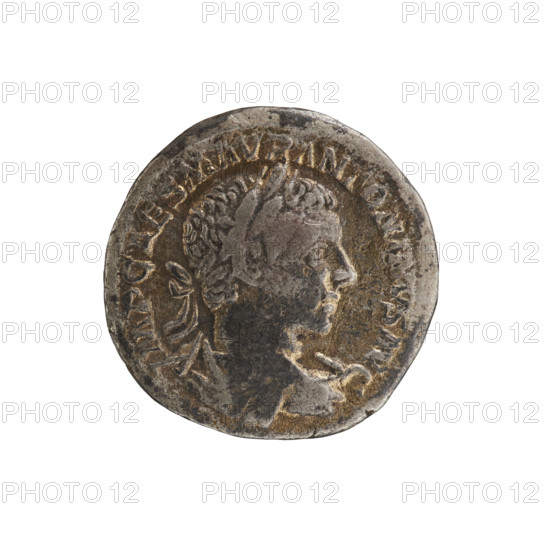 Denarius (gilt), Elagabalus (reigned 218–222). Obverse: bust of Elagabalus with laurel wreath and paludamentum facing right, pearl rim, legend IMP CAES ANTONINVS AVG. Reverse: inscription erased; seated figure facing left. Roman Empire (27 BC–476), Rome. Coin; diameter 18.2 mm, weight 2.71 g.
