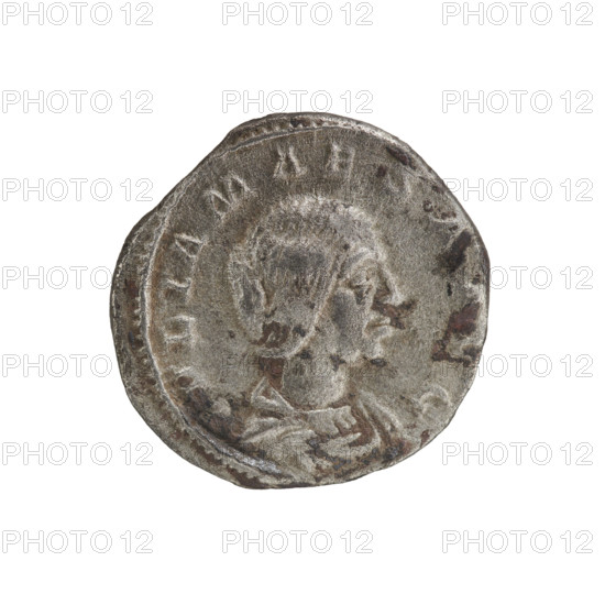 Denarius, Elagabalus (reigned 218–222). Obverse: IVLIAMAESAAVG — Draped bust of Julia Maesa facing right, pearl rim. Reverse: PVDICITIA — Veiled Pudicitia seated on a throne facing left, raising the hem of her veil with her right hand and holding a scepter in her left, pearl rim. c. 218–223. Roman Empire. Coin; diameter 18.5–19.0 mm; weight 3.15 g.