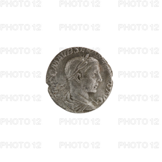 Denarius depicting personifications; Alexander Severus (Roman emperor, 222–235) — iconography: Salus. Obverse: bust of Alexander Severus right with laurel wreath and paludamentum; inscription IMPCMAVRSEVALE. Reverse: Salus seated facing left, holding a patera in her right hand feeding a snake coiled around an altar; a lion rests its elbow on the backrest; inscription M TRP III COS PP. Date: 224. Roman Empire (27 BC–476). Coin: silver; diameter 16.5 mm; weight 2.46 g.
