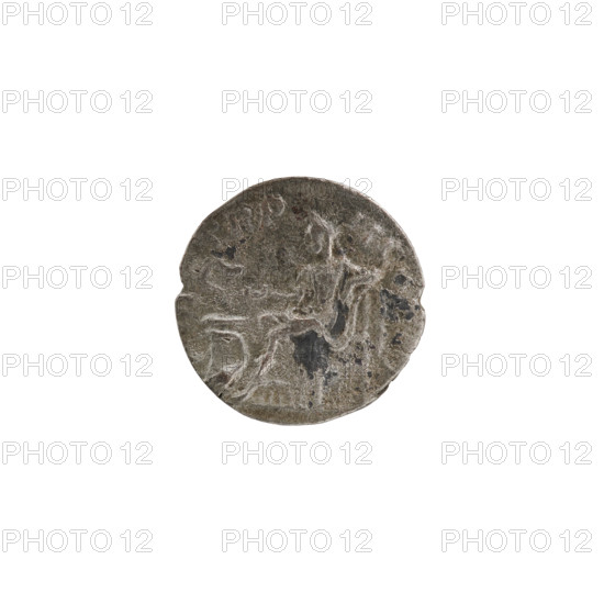 Denarius; obverse: bust of Alexander Severus (Roman emperor, 222–235) right with laurel wreath and paludamentum, legend IMPCMAVRSEVALE; reverse: Salus seated facing left, holding a patera in right hand feeding a snake coiled around an altar, a lion rests its elbow on the backrest, legend M TRP III COS PP; date c. 224; Roman Empire (27 BC–476); Rome; coin; diameter 16.5 mm; weight 2.46 g.