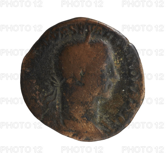 sestertius; Roman deities; Mars; Alexander Severus (Roman emperor, 222–235) — iconography. Obverse: MAVRSEVAL ANDERAVG, bust of Alexander Severus right with laurel wreath and paludamentum. Reverse: MTRPV COSI, Mars naked in helmet and cloak, strides right, carries a spear in his right hand, tropaion on his shoulder in his left, SC. Date: 226. Roman Empire (27 BC–476). Rome. Coin; diameter 29.0–29.5 mm; weight 17.73 g.