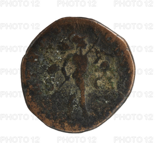 Sestertius; Roman deities; Mars; Alexander Severus (Roman emperor, 222–235) — iconography. Obv.: MAVRSEVAL ANDERAVG — Bust of Alexander Severus right with laurel wreath and paludamentum. Rev.: MTRPV COSI — Mars, naked in helmet and cloak, strides right, carries a spear in his right hand, tropaion on his shoulder in his left, SC. Date: 226. Roman Empire (27 BC–476). Coin; dia. 29.0–29.5 mm; weight 17.73 g.