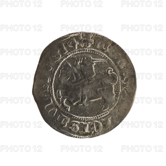 Lithuanian half-grosz, Sigismund I the Old (King of Poland; 1506–1548). Obverse: Pogon (coat of arms of Lithuania) turned left; in the rim between pearly borders an inscription: + M, IGISMVN, 14. Reverse: Polish crowned eagle; in the rim between pearly borders an inscription: NI:DVCIS:LITVANIE, 1514. Polish coin (Jagiellon dynasty), Grand Duchy of Lithuania, Vilnius.