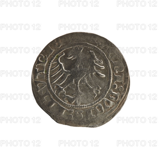 Lithuanian half-grosz, Sigismund I the Old (King of Poland; 1506–1548). Obverse: Pogon (Chaser) turned left; in the rim between pearly borders an inscription: + M, IGISMVN, 14. Reverse: crowned Polish Eagle; in the rim between pearly borders an inscription: NI:DVCIS:LITVANIE, 1514. Polish coin, Jagiellon dynasty; coats of arms: Eagle (coat of arms), Pogon (coat of arms). Grand Duchy of Lithuania, Vilnius.
