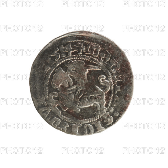 Lithuanian half-grosz, Sigismund I the Old (King of Poland; 1506–1548). Obverse: Pogon (Lithuanian coat of arms) turned left; in the rim between pearl borders an inscription: + MONE, :SIGISMV, 1514. Reverse: Polish crowned eagle; in the rim between pearl borders an inscription: MAGNI:DVCIS:LITV, E, 1514. Polish coin from the Grand Duchy of Lithuania (Vilnius).