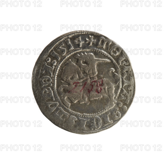 Lithuanian half-grosz, Sigismund I the Old (king of Poland; 1506–1548). Obverse: Pogon (Pursuer) turned left; in the rim between pearl borders an inscription: + COIN:SIGISMVNDI:1514. Reverse: Polish crowned eagle; in the rim between pearl borders an inscription: + M, GNI:DV, :LITVANIE, 1514. R8 (rarity). Polish coin of the Jagiellonian dynasty, Grand Duchy of Lithuania, Vilnius.