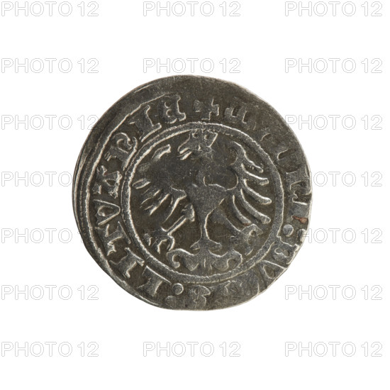 Lithuanian half-grosz, Sigismund I the Old (king of Poland; 1506–1548). Obverse: Pogon (mounted knight) turned left; in the rim between pearl borders an inscription: + COIN:SIGISMVNDI:1514. Reverse: Polish crowned eagle; in the rim between pearl borders an inscription: + M, GNI:DV, :LITVANIE, 1514. R8 (rarity). Category: Polish coins; Jagiellonians dynasty; eagles and coats of arms; Grand Duchy of Lithuania, Vilnius.