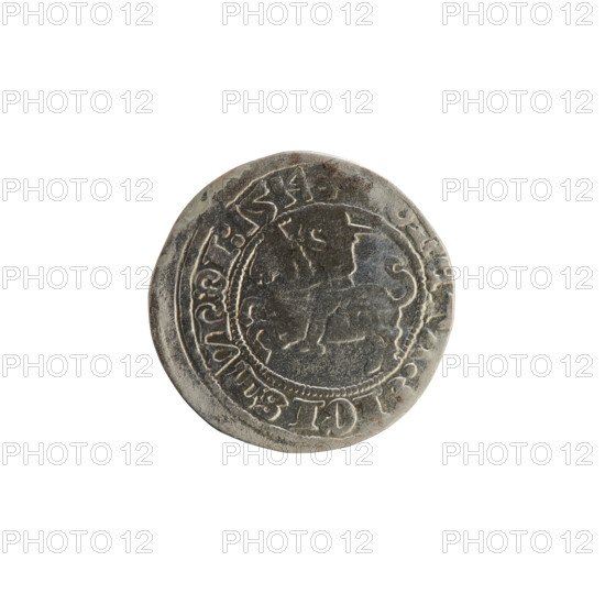 Lithuanian half-grosz, Sigismund I the Old (King of Poland; 1506–1548). Obverse: Pogon (Lithuanian coat of arms) turned left; in the rim between pearl borders an inscription: ETA, SIGISMVNDI:1514. Reverse: crowned Polish eagle; in the rim between pearl borders an inscription: + MAGNI:DVCIS:LITV, IE:, 1514. Materials: coin; function: currency. Grand Duchy of Lithuania; Vilnius; Poland.