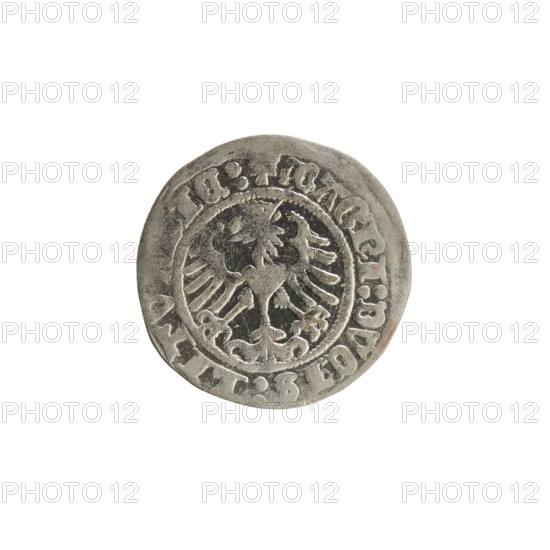 Lithuanian half-grosz, Sigismund I the Old (King of Poland; 1506–1548). Obverse: Pogon (Lithuanian coat of arms) turned left; in rim between pearled borders an inscription: ETA, SIGISMVNDI:1514. Reverse: Polish crowned eagle; in rim between pearled borders an inscription: + MAGNI:DVCIS:LITV, IE:, 1514. Silver coin, Grand Duchy of Lithuania (Vilnius), early 16th century.